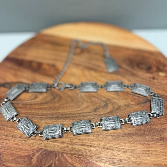 Vintage ⭐️ CONCHO Style Westeren Silver Geometric Chain Belt 37 1/2 ' Long - Picture 1 of 8
